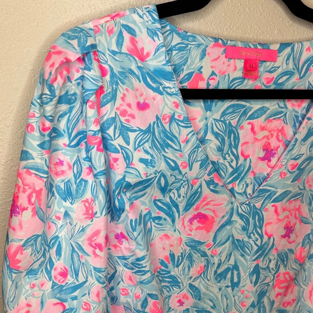 Lilly Pulitzer Ivee “Bondi Blue my Little Peony” Floral Puff Sleeve Cotton Vneck